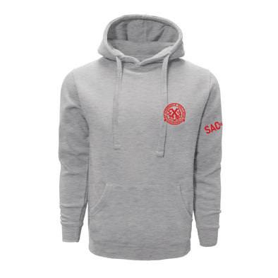 Gray hoodie with red logo and text on a white background