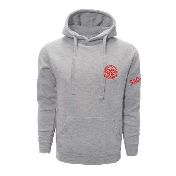 Gray hoodie with red logo and text on a white background