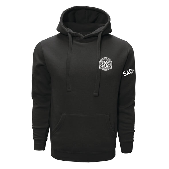 Black hoodie with white logo and text on a white background