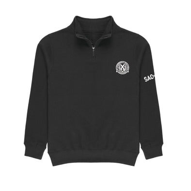 Black quarter-zip sweatshirt with a logo on the chest and text on the sleeve against a white background