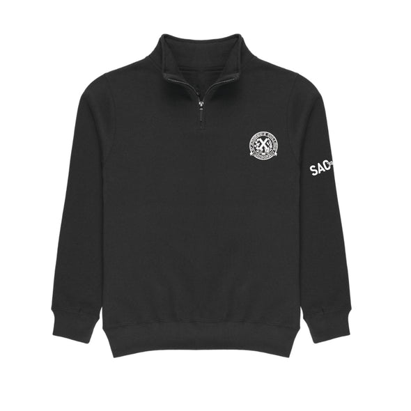 Black quarter-zip sweatshirt with a logo on the chest and text on the sleeve against a white background