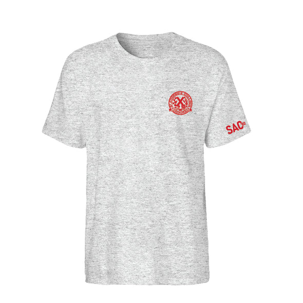 Gray t-shirt with red logo and text on a white background