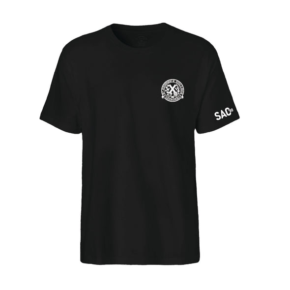 Black t-shirt with white logo and text on a white background