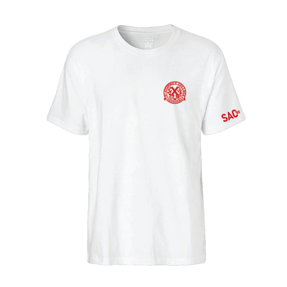 White t-shirt with red logo and text on a white background